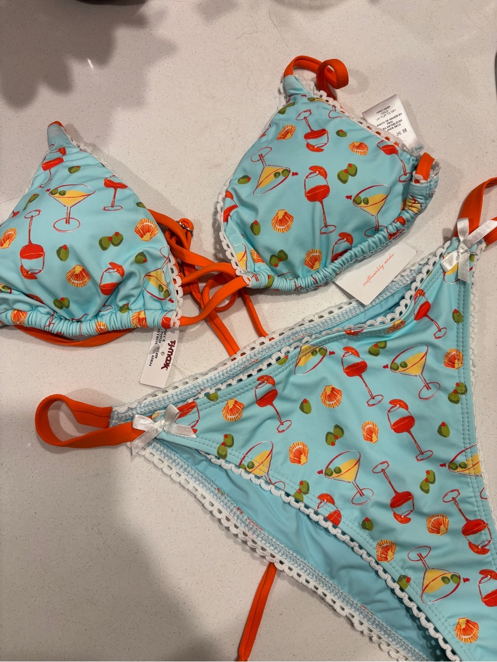 Dippin' Daisy's Aqua Cocktail Print Bikini with Orange Trim